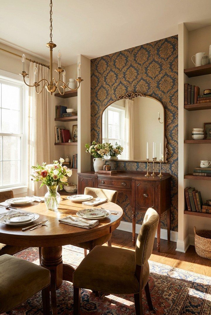 Round wooden dining table with floral centerpiece and place settings in a cozy room.