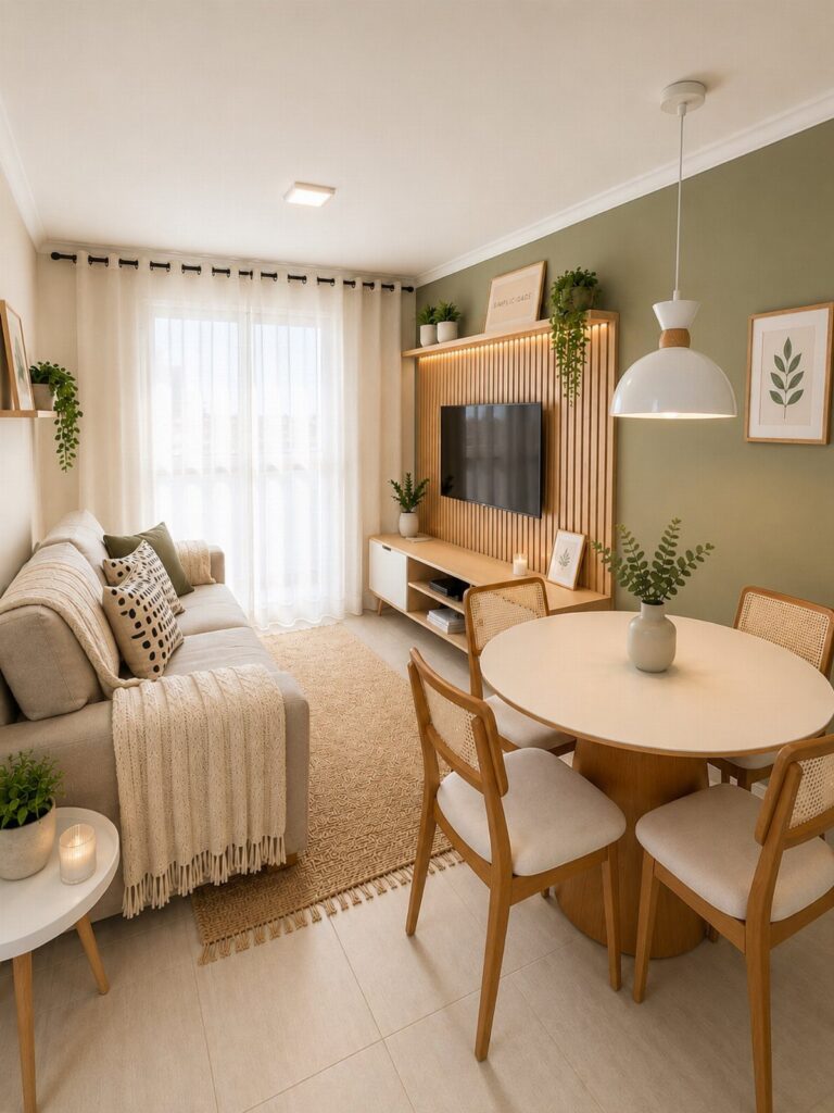 Small living and dining room with a beige sofa, round white table, and green wall.