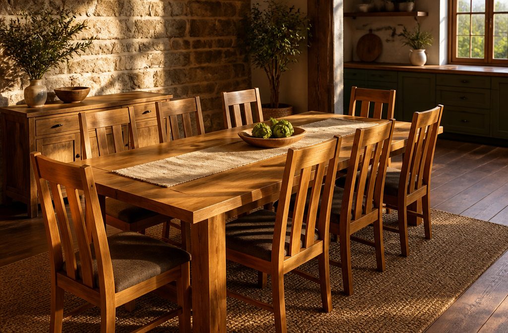 Various solid wood 8-seater dining tables displayed together.