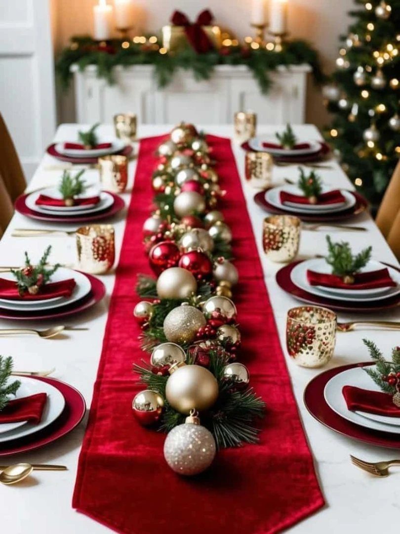 Christmas table setting with red velvet runner and gold and red ornament centerpiece.