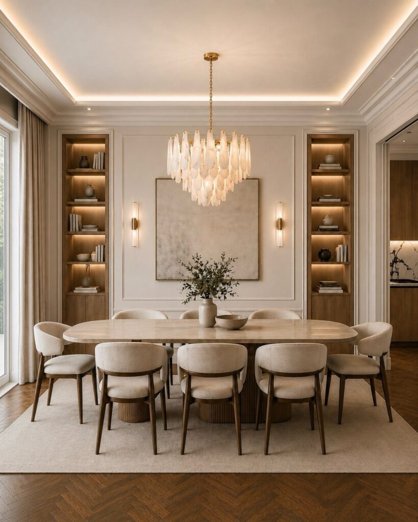 Tiered white glass chandelier hanging over an oval dining table in a neutral room.