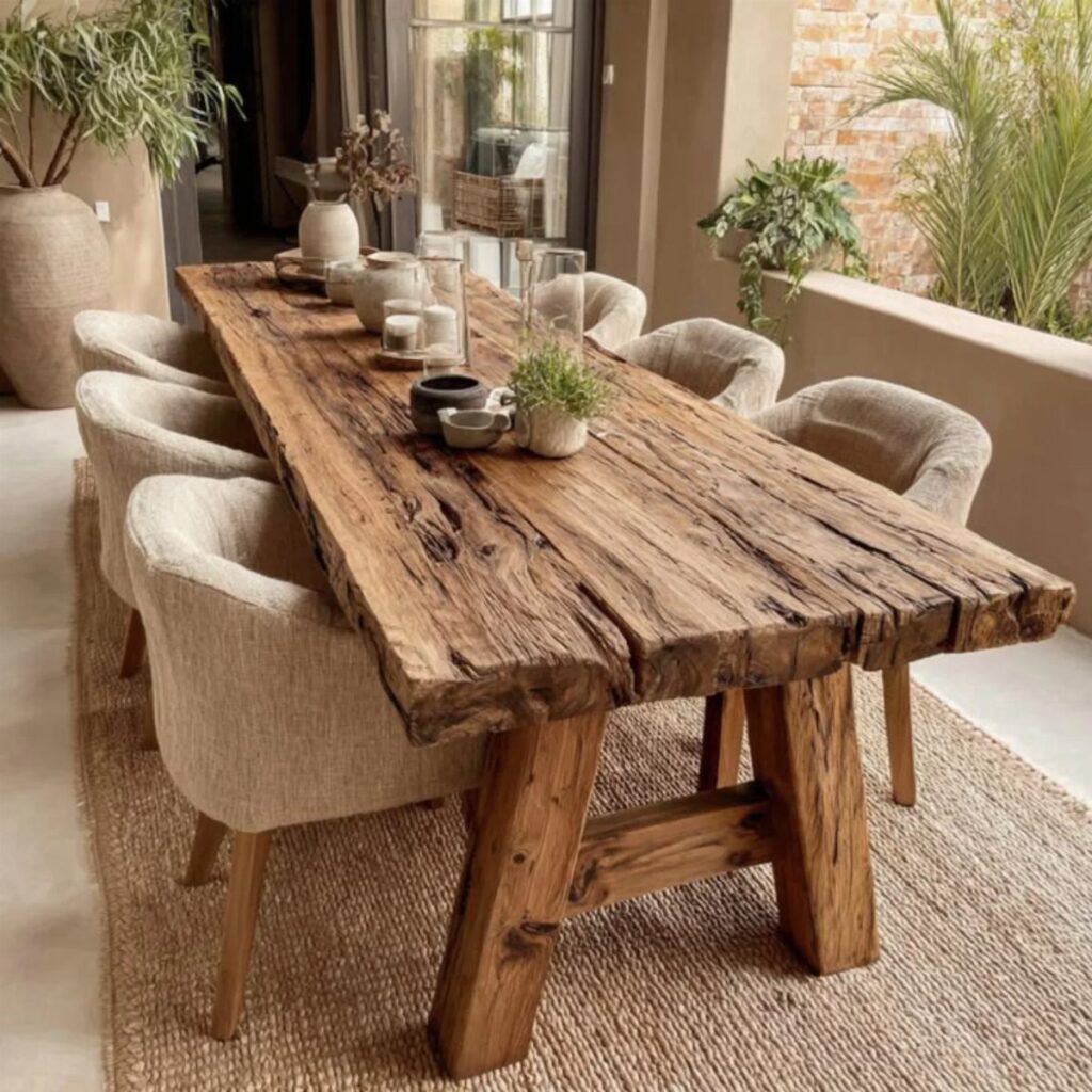 Rustic wabi sabi dining table made of raw wood with beige upholstered chairs