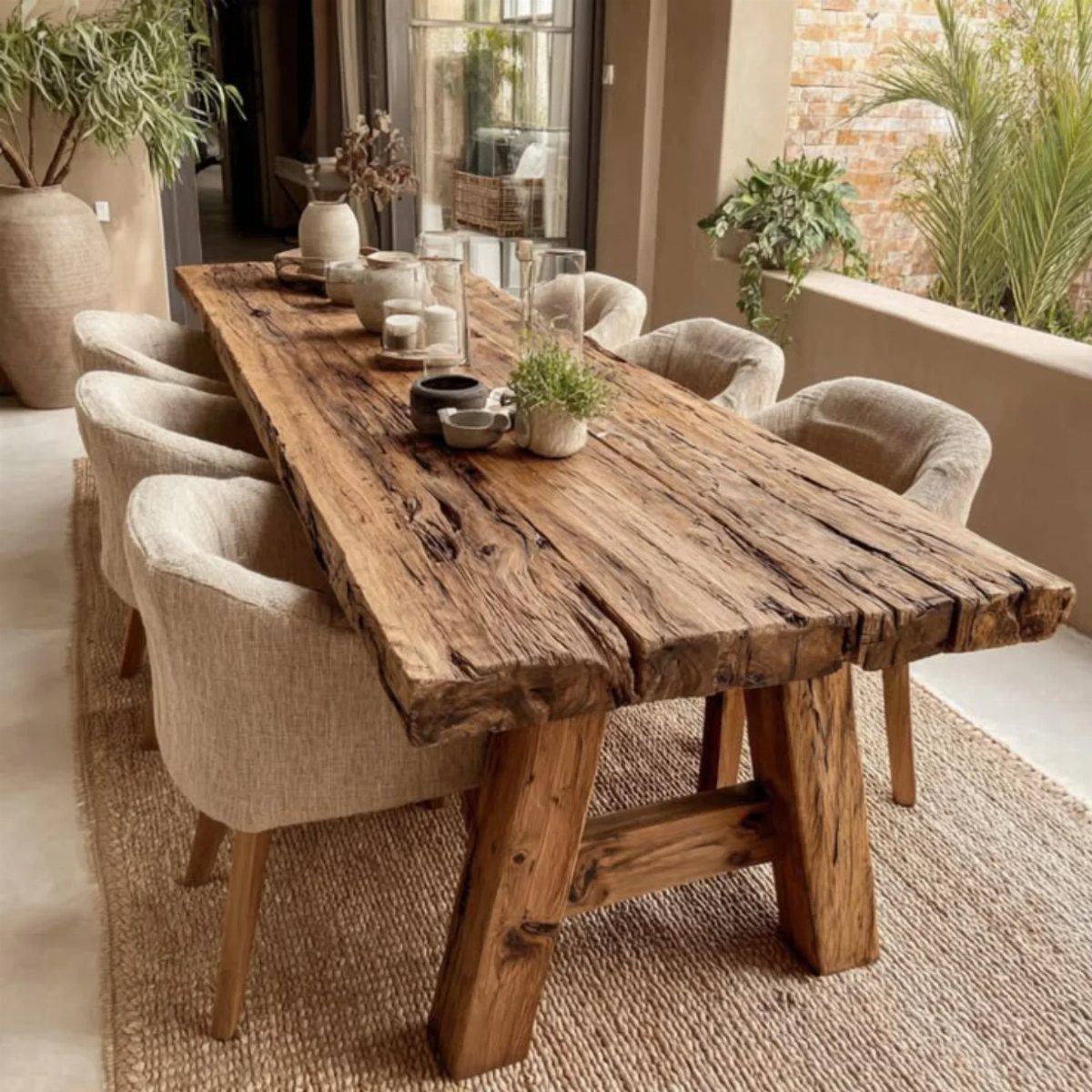 Rustic wabi sabi dining table made of raw wood with beige upholstered chairs