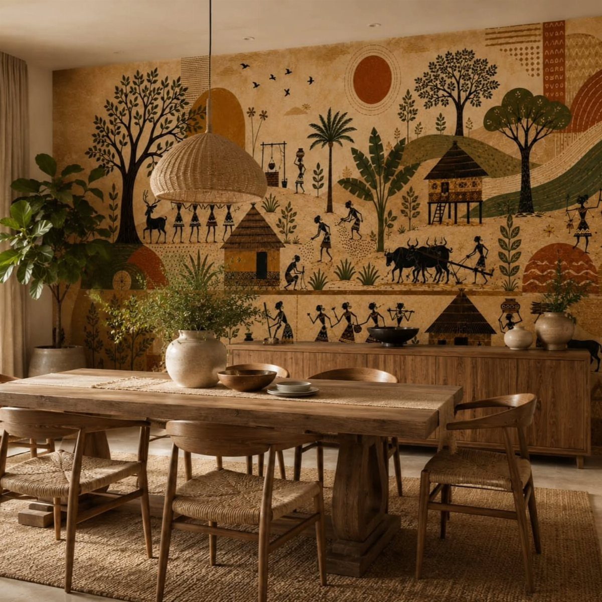 Dining room with a large traditional rural landscape mural on the wall.
